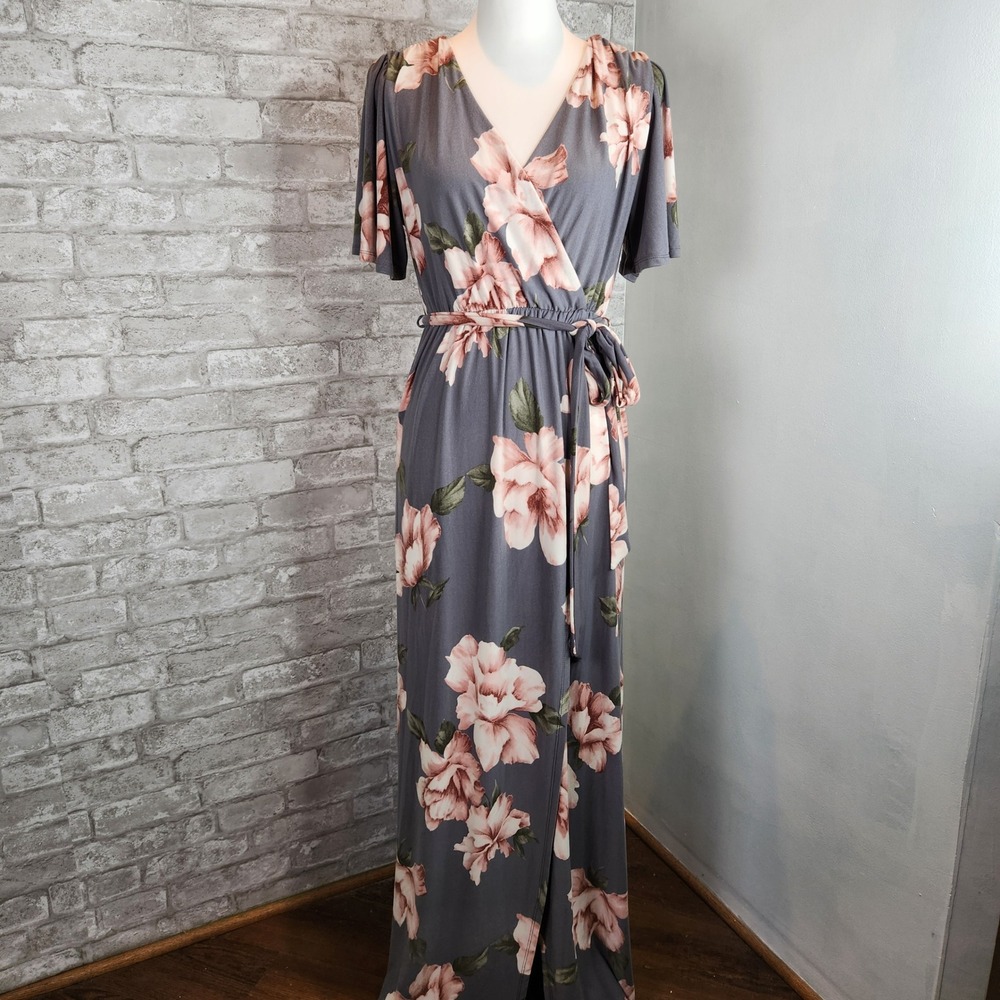 GILI Maxi Dress Grey Pink Floral Faux Wrap Romantic Summer Size M